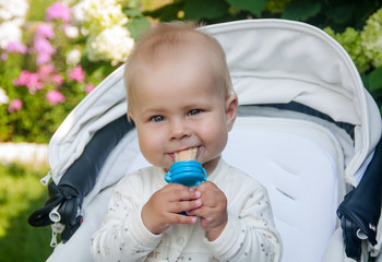 Baby sitting in a stroller and eats with nibbler