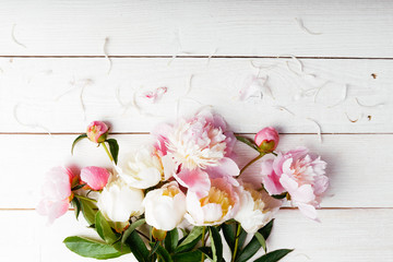 Stunning pink and white peonies on rustic wooden background. Copy space. Birthday, Mother's, Valentines, Women's Wedding Day concept.