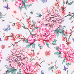 Watercolor seamless pattern with blooming cherry, peonies,