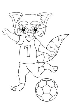 Coloring book Red Panda is a football player. Cartoon style. Isolated image on white background. Clip art for children. 