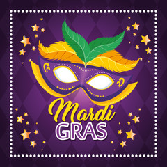 Fototapeta na wymiar mardi gras lettering poster with mask carnival banner