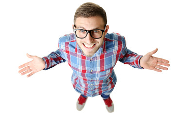 Portrait of young man in glasses on white background