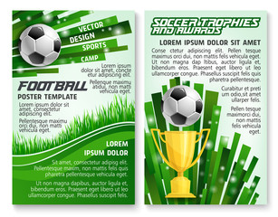 Soccer ball and trophy on football stadium banner