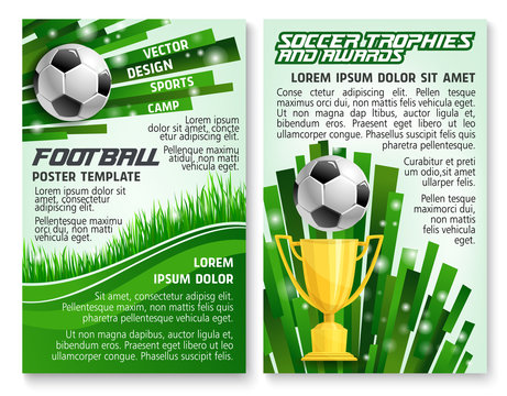 Soccer ball and trophy on football stadium banner