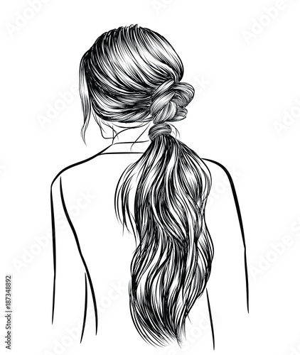 Hand Drawn Beauty Woman With Luxurious Classic Long Ponytail
