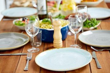 table served with plates, wine glasses and food