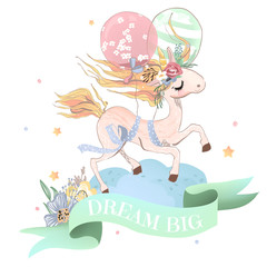 Obraz na płótnie Canvas Beautiful, dreaming unicorn with floral wreath (flower bouquet) and balloons, colorful cloud, flowers and stars. Mint colored ribbon with quote