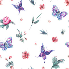 Watercolor seamless pattern buds and butterflies