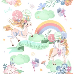 Tuinposter Eenhoorn Schattig eenhoorns naadloos patroon. Kinderpatroon met eenhoorns, bloemen, ballonnen, wolken en regenboog