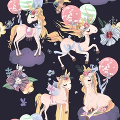 Wall murals Unicorn Cute unicorns seamless pattern. Kids pattern with unicorns, flowers, balloons and clouds