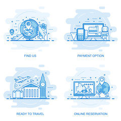 Modern flat color line concept web banner of Find us, Online Reservation, Payment Option and Ready to Travel. Conceptual vector illustration for web design, marketing, and graphic design.