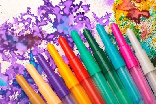 Childden color pens and drawing creativity background
