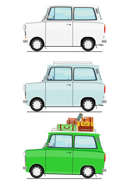 Cartoon station wagon with suitcases and without. Side view. Flat vector.