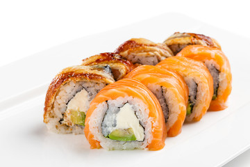 Set of two kind of Philadelphia roll urumaki sushi with salmon and eel