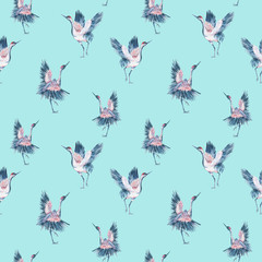 Watercolor seamless pattern with crane