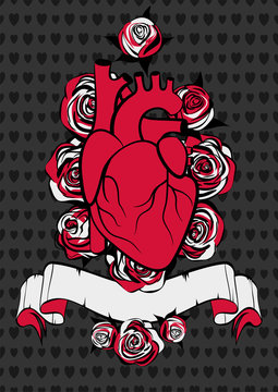 Valentine's day greeting card. Human heart and red roses on black background.