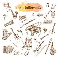 Music Instruments, Hand drawn illustration in doodle style. Vintage piaono, violin, guitar and saxophone. Big musical set. Jazz instrument.