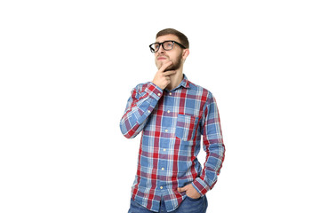 Portrait of young man in glasses on white background