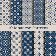 set with eight seamless vector blue japanese floral geometric paterns. design for textile, packaging, covers - 187351271