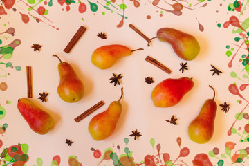 Colorful pattern made of pears, cinnamon and anice