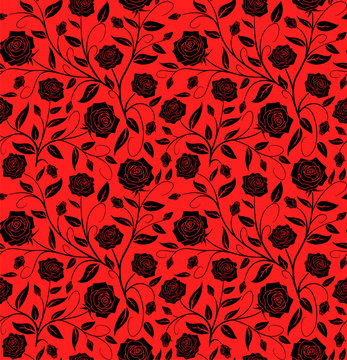 Vector Seamless floral pattern design hand drawn: Black roses with leaves on a red background