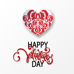Happy Valentine's Day card with paper cut ornate heart. Hand drawing vector lettering design. International holiday of lovers. Festive banner or poster, paper art design