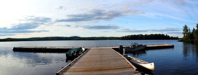 Panoramic view: Beautiful wooden pier on Lake in Ontario / Canada 