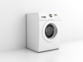 Washing machine on a white wall background 3d illustration
