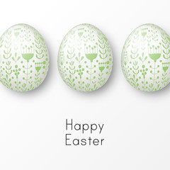 Happy Easter background with realistic white eggs with elegant floral ornament and text. Minimalistic vector design. Spring holiday illustration