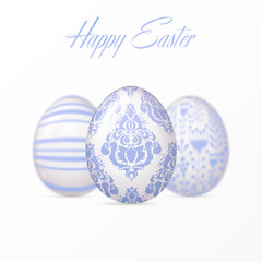 Happy Easter background with realistic white eggs with elegant floral ornament and text. Minimalistic vector design. Spring holiday illustration