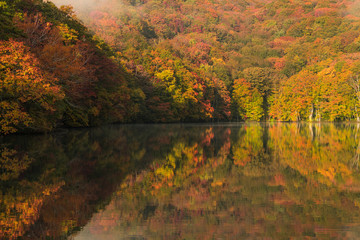 Reflection of Tsutanananuma lake at Aomori in autumn