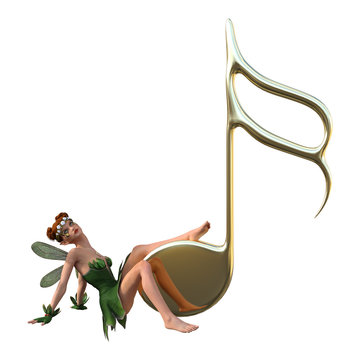 3D Rendering Green Fairy and Music Note on White