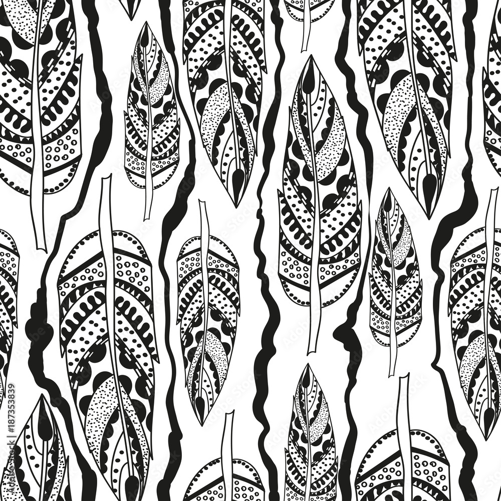 Poster vintage seamless pattern with tribal elements. vector illustration with feathers and scribbled lines
