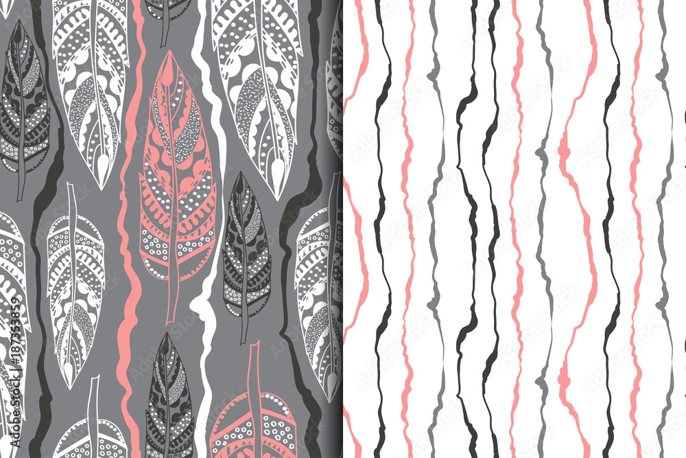 Poster set of vntage seamless patterns with tribal elements. vector illustration with feathers and scribble