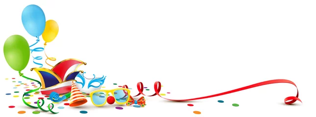 Deurstickers Kulisse mit Fasching Accessoires, Luftballons, Mütze, Maske, Luftschlange und Konfetti Boden © Artenauta