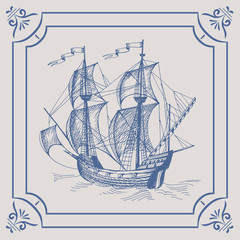 Old caravel. Ship on the Blue Dutch tile. Imitation. Frigate, vintage sailboat, Sailing vessel , glazed porcelain ceramic.