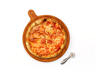 Pizza Margherita on wooden board, set isolated on white. Traditional  delicious italian cuisine meal. 