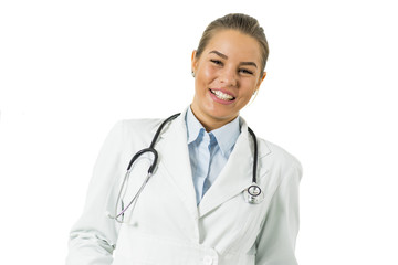 Pretty young female doctor on the white background