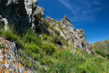 Rocky mountains covered with greenery.