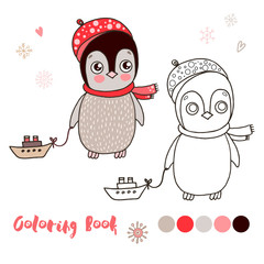 Vector illustration of cute little penguin with toy boat