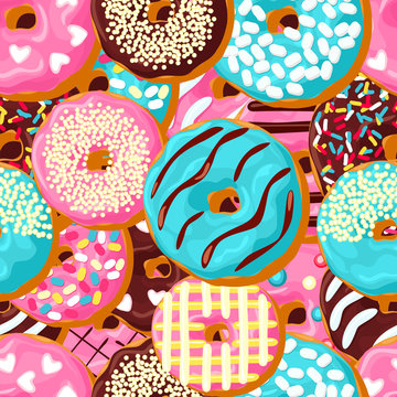 Donut seamless pattern. Pink donut, chocolate donut  and blue mint donut with different topping on chocolate background
