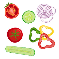Set of vegetables chopped up and down. Onion, cucumber, pepper and tomato.