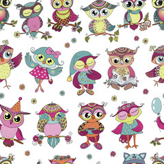 Beautiful seamless pattern of cute colorful cartoon owls with flowers