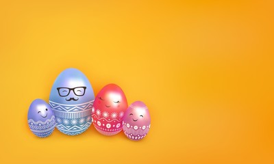 Happy easter. 3d painted eggs family: father, mother and children. Copy space for text. Orange background with isolated abstract objects. Vector illustration