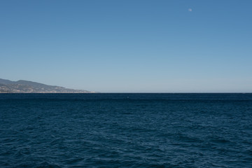 Fototapeta na wymiar Ocean sharp blue sky and seagulls with the moon