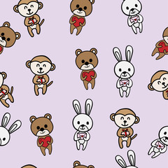 Seamless cute animal pattern background. Doodle style. Valentine day concept. bear and heart shape. Rabbit and letter. Monkey and gift box. Vector illustration.