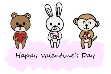 Happy valentine day giving animal concept. Bear and heart, Rabbit and letter, monkey and gift box. Vector illustration doodle style.