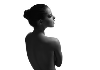 Young woman on white. Black and white