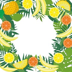 Frame with tropical fruits and leaves. Design for advertising booklets, labels, packaging, menu