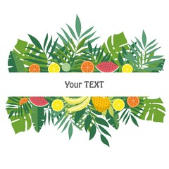 Banner with fruits and leaves. The design for the background template, advertising materials, labels, packaging. Vector illustration.